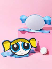 THE POWERPUFF GIRLS X SHEIN 1個PU皮革材質可愛卡通設計可折疊HD便攜式鏡子，可站立或手持，輕巧便攜，方便檢查化妝細節，適合旅行和通勤，特別適合女士、紳士、學生和粉絲，花朵、氣泡、毛茛、友誼、愛 - 藍色 - 查看 1
