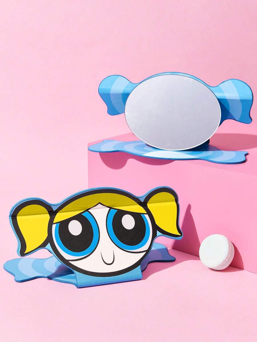 THE POWERPUFF GIRLS X SHEIN 1個PU皮革材質可愛卡通設計可折疊HD便攜式鏡子,可站立或手持,輕巧便攜,方便檢查化妝細節,適合旅行和通勤,特別適合女士、紳士、學生和粉絲,花朵、氣泡、毛茛、友誼、愛 - 藍色 - 查看 1