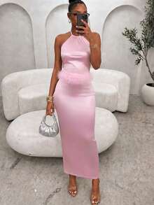 Glyssa Ladies' Summer Sexy And Elegant Backless Hot Pink Satin Camisole Slit Long Dress Suitable For Parties Wedding Bridesmaid Dresses - Pink - View 6