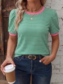 Basic Casual Retro Pink Short Sleeve T-Shirt With Round Neck And Plus Sizes - Army Green - View 4