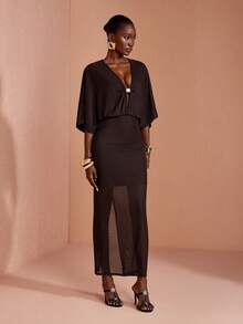 JIAN LASALA Mesh V Neck Batwing Sleeve Women Boho Dress Vacation Casual Holiday - Coffee Brown - View 4