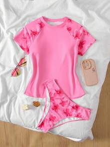 SHEIN 兒童青少年女童比基尼套裝 夏季新款玫瑰紅素色對比色木槿花印花保守泳衣套裝 短袖上衣 & 泳褲 2件式衝浪泳裝 適合度假海灘海邊游泳 - 玫紅色 - 查看 8