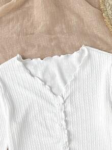 SHEIN Ragazza pre-adolescente casual quotidiano maglia con colletto arricciato bianco aderente apertura frontale maniche lunghe a campana - Bianco - Visualizzare 3