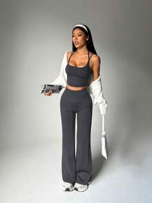 StreetHx Conjunto deportivo de top corto y pantalones de un solo color - Gris Oscuro - Ver 5