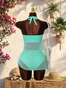 Swim Lushoire Summer 2026 Spring/Summer European And American New Pure Desire Style Green Sequin Hollow Lace One-Piece Swimsuit Swim Dress For Women Halter Neck - Mint Green - View 8