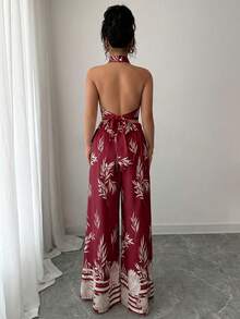 Rafferiza 女士优雅度假两件套，吊带露背系带印花阔腿裤 - 酒紅色 - 查看 2