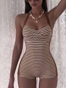 Swim Lushoire Baju Renang Terusan Wanita Motif Garis-Garis dengan Model Halter dan Bagian Belakang Berpilin - MultiWarna - View 3