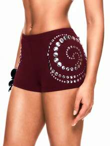 TypaGal Women's Solid Color Tight Low-Waist Hot Girl Sequin Decorated Shorts Night Rave Dark Red Summer Sexy Techno Party Clubbing - Burgundy - View 6