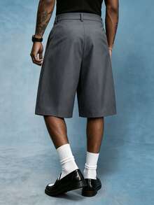 PAVTROS Men's Double Pleated Silhouette Rivet Design Wide Leg Shorts Casual Versatile - Dark Grey - View 2