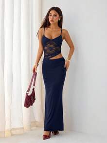 SHEIN PETITE 女款細肩帶露背魚尾下擺貼身洋裝 - 藏蓝色 - 查看 9