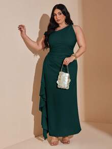 SHEIN BAE Vestido casual de fiesta para mujer talla grande de unicolor con cuello asimétrico, volantes en el bajo y diseño con abertura - Verde Oscuro - Ver 5