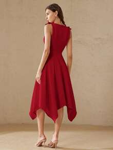 BELROSIE Vestido largo elegante rojo para fiesta y cita, corte princesa, silueta A entallada, sin mangas, cuello redondo, detalle de nudo en los hombros, bajo ancho asimétrico - Rojo - Ver 6