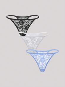 Hourtrue 3pcs/Set Women's Low Waist Sexy Lace Thong Panties, Floral Pattern Sexy Lingerie - Multicolor - View 1