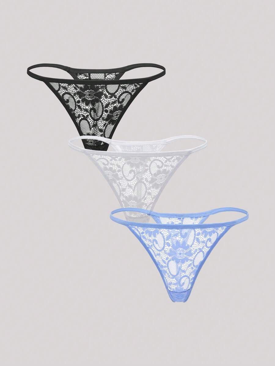 Hourtrue 3pcs/Set Women's Low Waist Sexy Lace Thong Panties, Floral Pattern Sexy Lingerie - Multicolor - View 1
