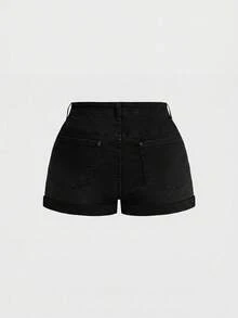 ROMWE Grunge Punk Y2K Millennium Retro Star Moon Constellation Divination Embroidered Plus Size Denim Rolled Hem Shorts - Black - View 4