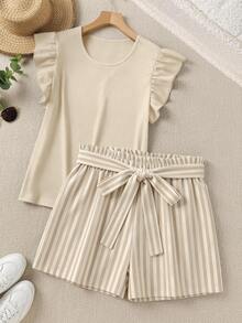 EMERY ROSE 2-Piece Set: Plus Size Apricot Solid Color Ruffle Sleeve Top And Striped Shorts, Casual Vacation 2-Piece Set Summer Women's Clothing. - Apricot - View 1