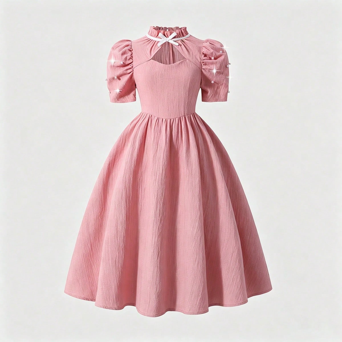 Vestido de niña preadolescente de tela texturizada azul con mangas con cuentas de perlas, decoración de lazo hueco, adecuado para ocasiones elegante