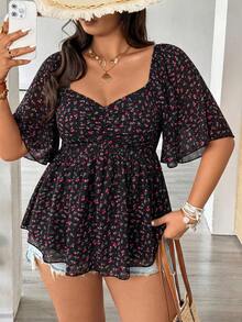 Vionelle Blus Ukuran Besar Kasual Serbaguna Motif Bunga Kecil Pinggang Lebar Lengan Berkerut Elegan untuk Liburan Warna Hitam - Hitam - View 1