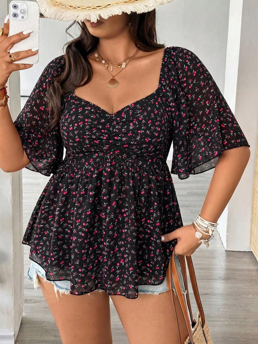 Vionelle Blus Ukuran Besar Kasual Serbaguna Motif Bunga Kecil Pinggang Lebar Lengan Berkerut Elegan untuk Liburan Warna Hitam - Hitam - View 1