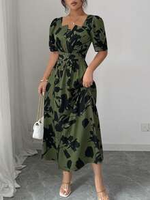 Vestido de vacaciones elegante de manga corta con estampado para mujer - Negro - Ver 10