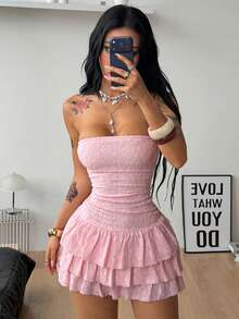 Coolane Tenue d'été pour femmes, style hippie boho, tenues de plage, tenues de vacances, tenues de printemps, robe mini à volants en dentelle blanche de style fairycore - Rose bonbon - Voir 5