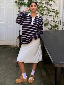 DAZY 拼接撞色寬鬆條紋長袖春夏休閒女款T恤上衣 - 藏蓝色 - 查看 4