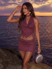 SHEIN Allurite Y2K Retro White Polka Dot Halter Neck Tassel 2-Piece Set, Fitted V-Neck Halter Top And Bodycon Mini Skirt, Party Vacation Outfit Summer - Multicolor - View 1