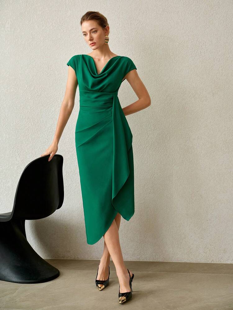 SPRING/SUMMER WOMEN'S ELEGANT COMMUTE GREEN RUCHED STRUCTURE MIDI DRESS