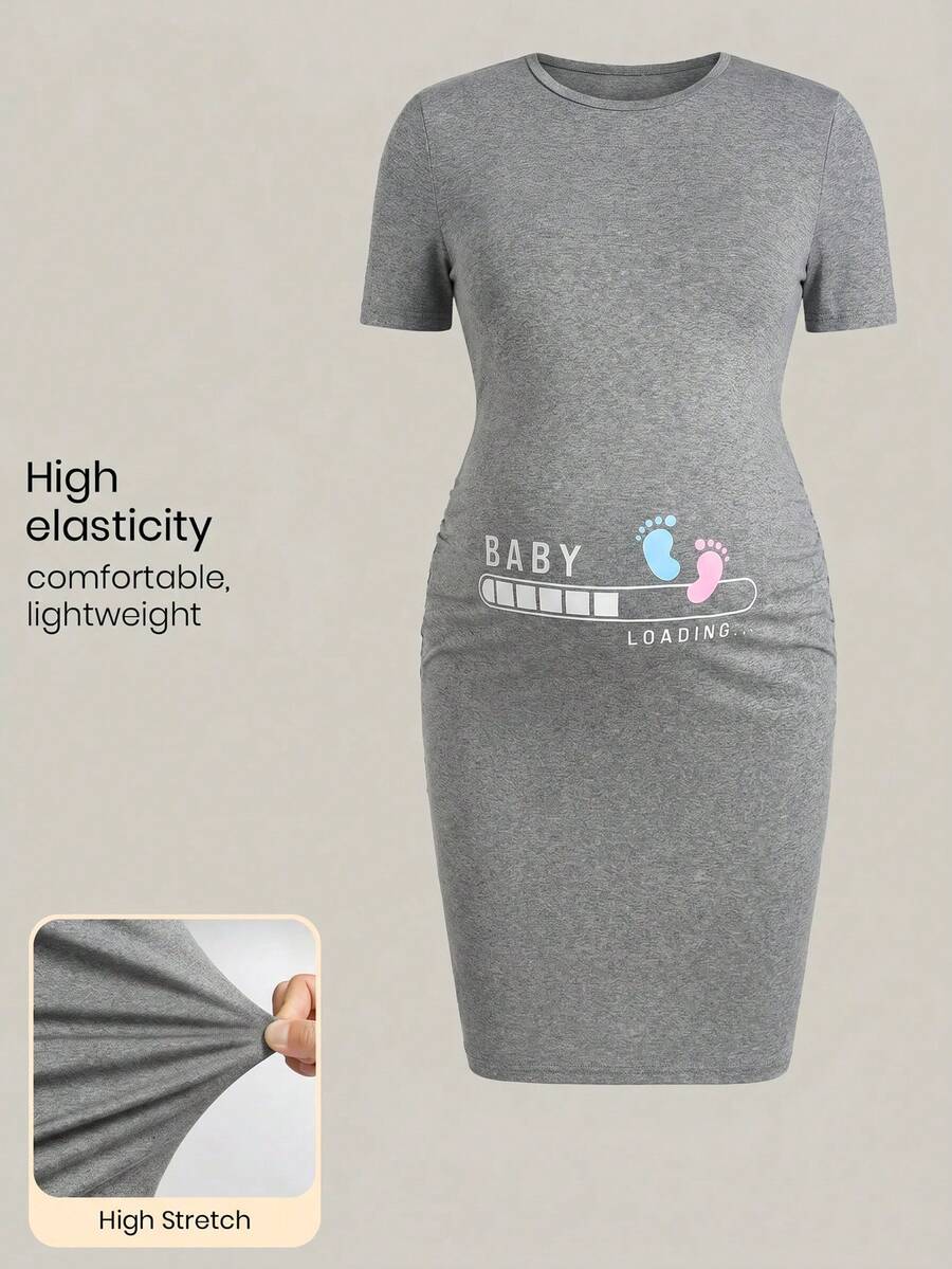 Modmama 孕婦圓領字母印花休閒日常洋裝 - 灰色 - 查看 1