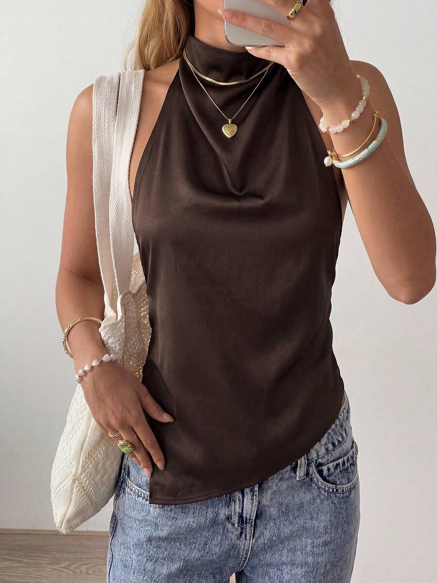 Firerie Women's Sexy Backless Halter Neck Blouse, Elegant For Party, Commute And Vacation, Summer - Brown - View 1