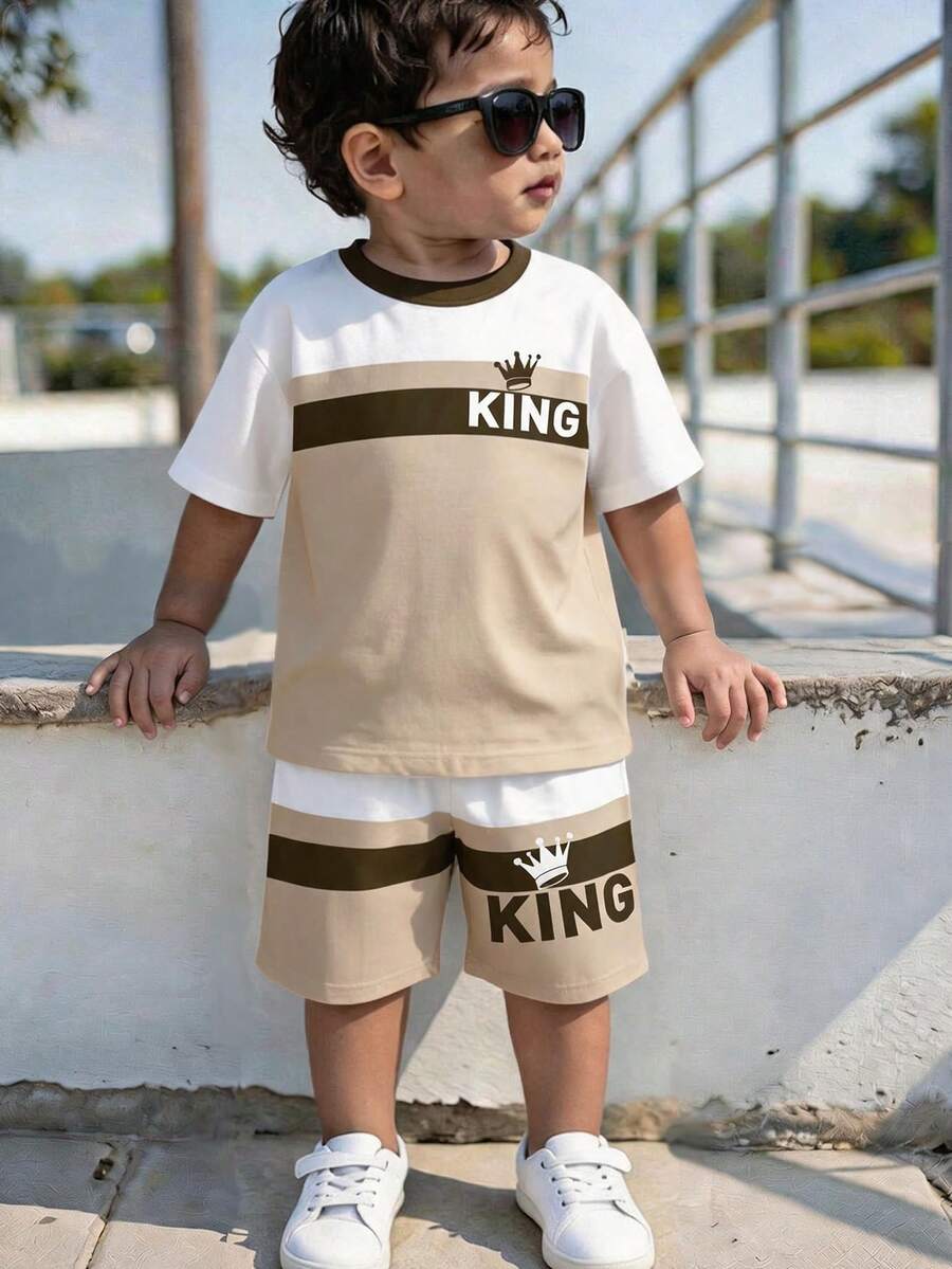 Young Boy Casual T-Shirt Set, Fashion Classic Color Block Print, Classic King Text Print, Cute Crown Print, Suitable For Spring/Summer, Suitable For School, Suitable For Street Wear - Multicolor - View 1
