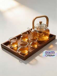 1 Set Of 1 Pot With 6 Cups And A Tray, 1 Pot With 4 Cups And A Tray, High-Temperature Resistant Glass Tea Pot In Modern Minimalist Style, Walnut Wood Color, Tea Infuser Pot For Brewing Tea, Tea Infuser Pot For Brewing Tea, Tea Infuser Set For Use In Parties, Gatherings, All Seasons. - Double Layer Cup Flower Tea Set - View 1