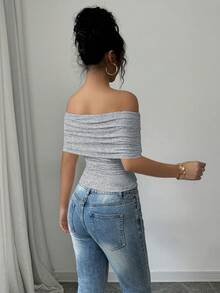 SHEIN Raffinéa Spring/Summer Women's Elegant Off-Shoulder Large Lapel Ruched Hem Square Hem Slimming T-Shirt - Light Grey - View 2