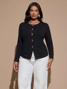 SHEIN BAE CURVE 大尺碼女款黑色長袖金屬鈕扣前開襟上衣 - 黑色 - 查看 7
