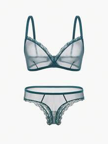 Bisouelle Ladies' Lace & Mesh Bra & Panty Lingerie Setfor Summerfor Summer - Dark Green - View 1