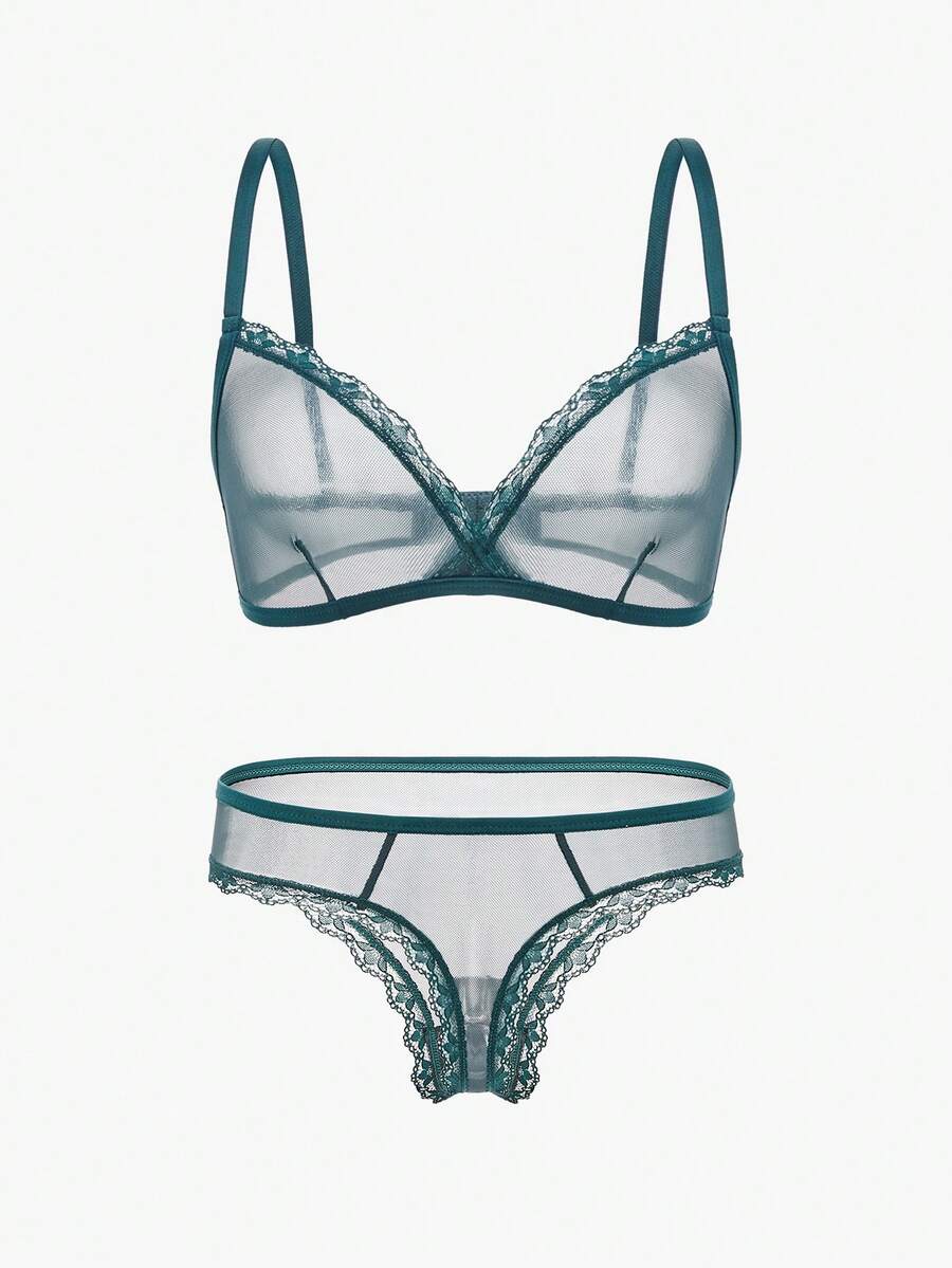 Bisouelle Ladies' Lace & Mesh Bra & Panty Lingerie Setfor Summerfor Summer - Dark Green - View 1