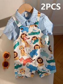 SHEIN 2件套男/女婴休闲可爱夏季舒适卡通图案连体衣短袖T恤套装，衬衫套装，背带裤套装，可爱套装，萌系背带裤 - 彩色 - 查看 6