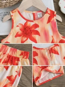 SHEIN 2件/組少女編織花卉圖案圓領背心與短褲套裝，柔軟舒適，波希米亞風，音樂節度假假期適用 - 橘色 - 查看 8