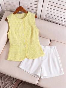 SHEIN XT26211 青少年 2件組 夏季老錢風背心背心上衣 無袖背心搭配休閒短褲 舒適度假 2件套 適合日常通勤與度假穿著 - 彩色 - 查看 7