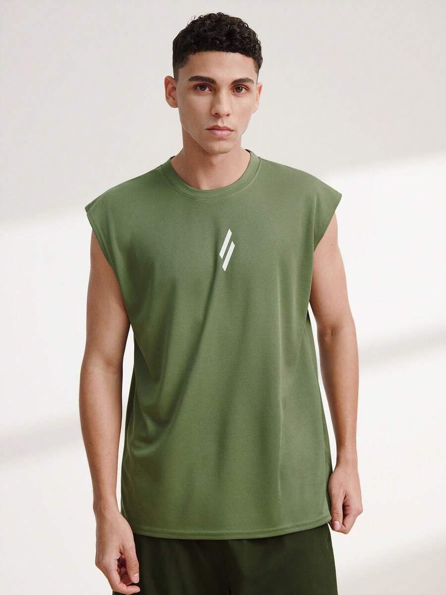 Driftmere 男友風男士運動無袖上衣，快乾健身運動服，適合跑步與健身，基本印花T恤，適合戶外活動、夏季運動、健身房 - 軍綠色 - 查看 1