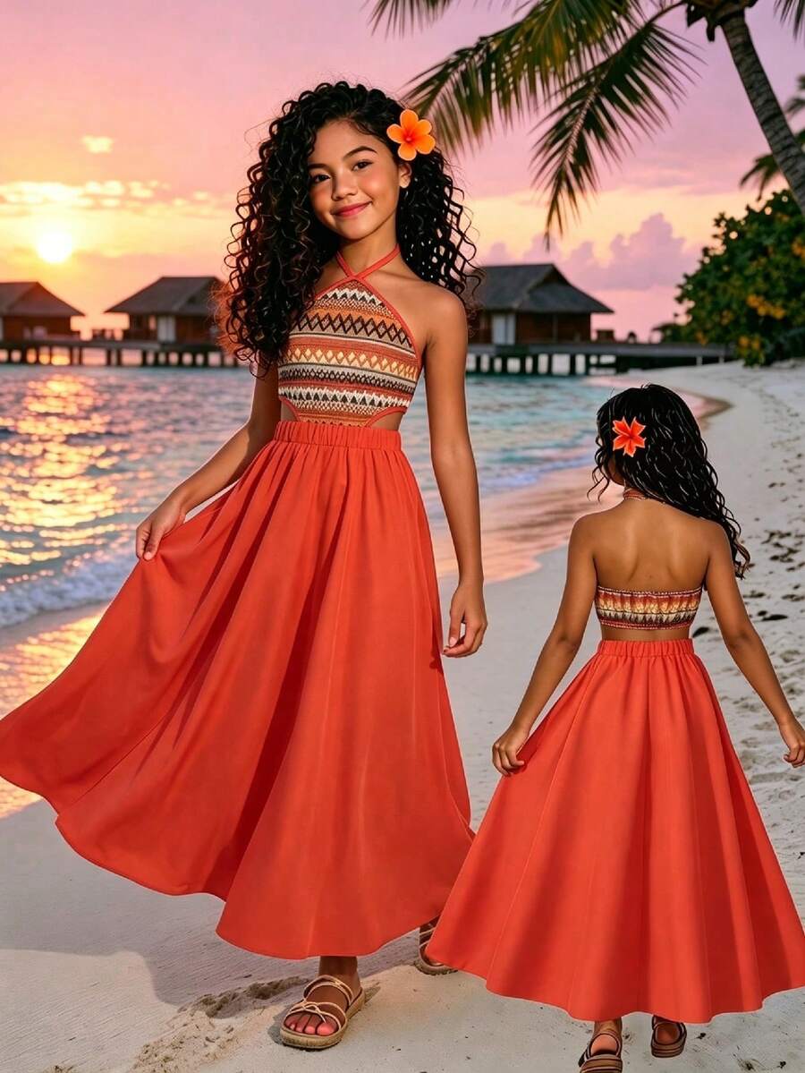 SHEIN Sparklyn 波西米亚风露背吊带连衣裙,适合少女,民族印花露背摆裙,夏季沙滩度假连衣裙 - 橘色 - 查看 1