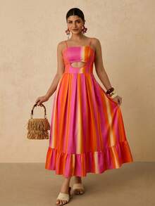 Travachic Đầm cami nữ size lớn phong cách đi biển mùa hè, màu gradient, chi tiết khoét rỗng, eo bo, gấu bèo nhún - màu nâu - Xem 5