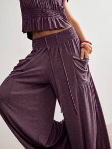 Bohemela Casual Boho Solid Color Knit Round Neck Loose T-Shirt Low Waist Loose Wide Leg Long Pants Women's 2 Pieces Set Travel Dusty Purple Summer - Dusty Purple - View 9