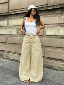 Coolane Women's Summer Streetwear Casual Basic Daily Wear Going Out Graphics Striped Butter Yellow Baggy Low Rise Straight Pants - Light Yellow - View 4