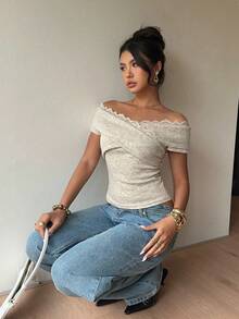 Siren Gaze Women's Off-Shoulder Lace Trim Fitted T-Shirt Suitable For Daily Wear - Apricot - View 6