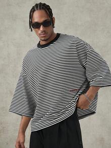 PAVTROS Men's Casual Loose Fit Striped Drop Shoulder T-Shirt, Summer,Men's Oversized Striped T-Shirt, Black White Crew Neck Tee, Loose Fit Streetwear, Half Sleeve Streetwear Shirts Oversize T Shirt For Men Mens Streetwear Loose Fit Shirt Mens Fashion Mens T Shirt - Black - View 1