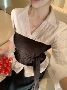 DAZY Women's 2 In 1 Collared Long Sleeve Tie-Up Elegant French Formal Brunch Office Blouse, Spring/Autumn Teachers' Day White And Black - Khaki - View 7