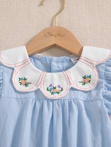 Vintaside Kids Baby Girls Spring/Summer Pure Apricot Romper, Cherry Embroidery Detail At Neckline, Sweet Minimalist Style, Comfortable Fit, Suitable For Daily Outings, Home Leisure, Casual Gatherings - Blue - View 6