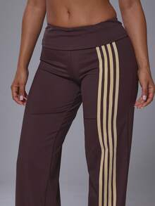Musera Sport 翻折腰身三条纹修身阔腿低腰柔软触感运动裤套装（仅限下装）运动健身健身房可爱普拉提日常 - 巧克力棕 - 查看 5
