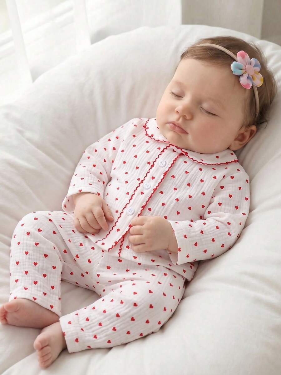 2pcs Baby Girl Casual Red Print On White Background Long Sleeve Top And Pants Loungewear Set - White - View 1